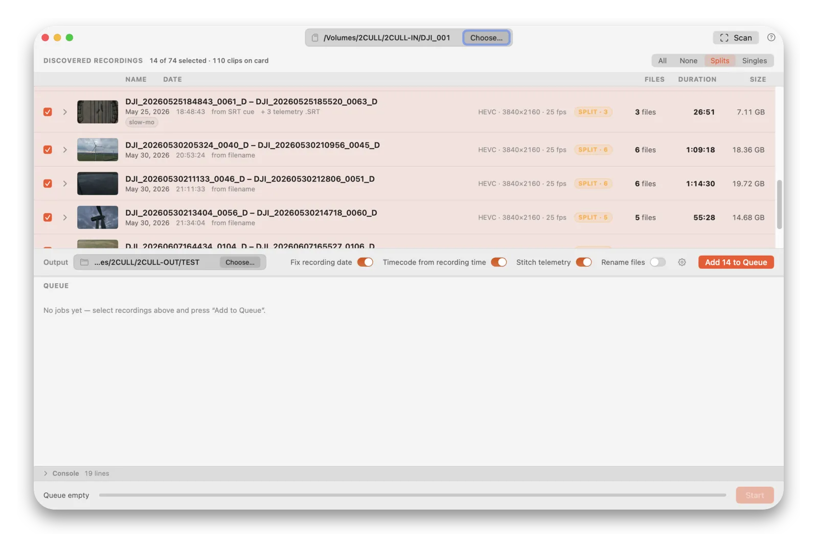 Conjoyn main window showing detected recording groups, output options and the join queue