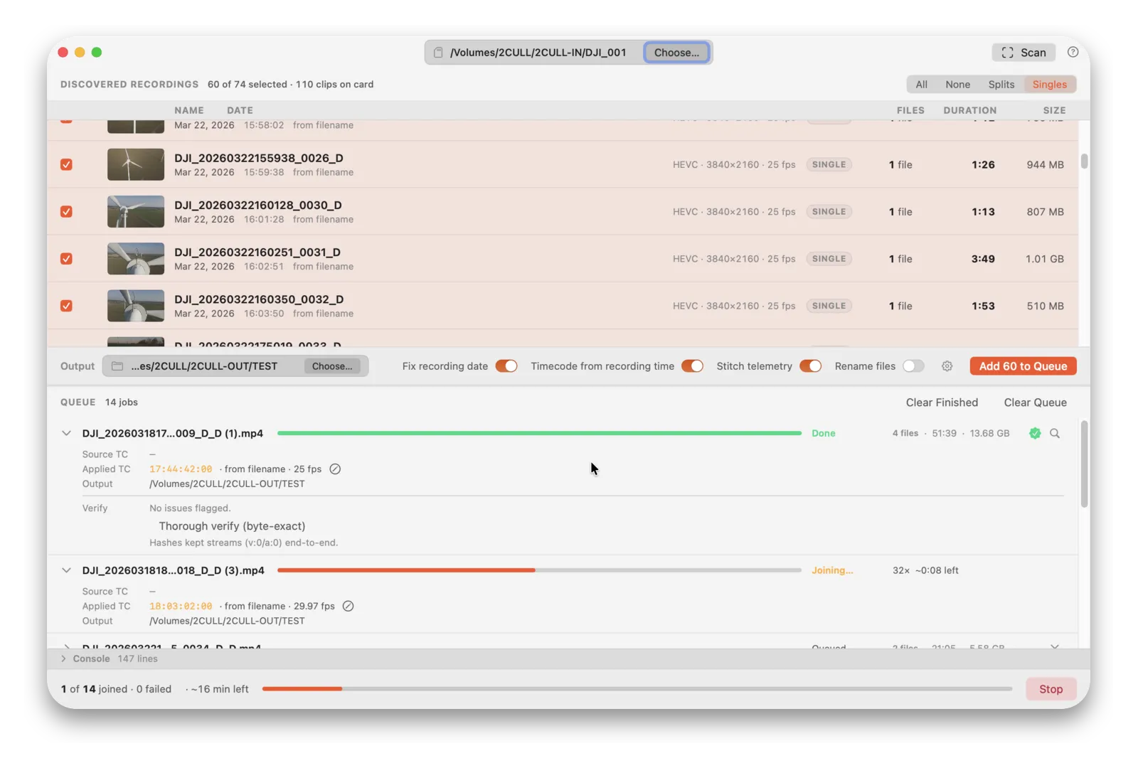 Conjoyn recording list, output controls and queue