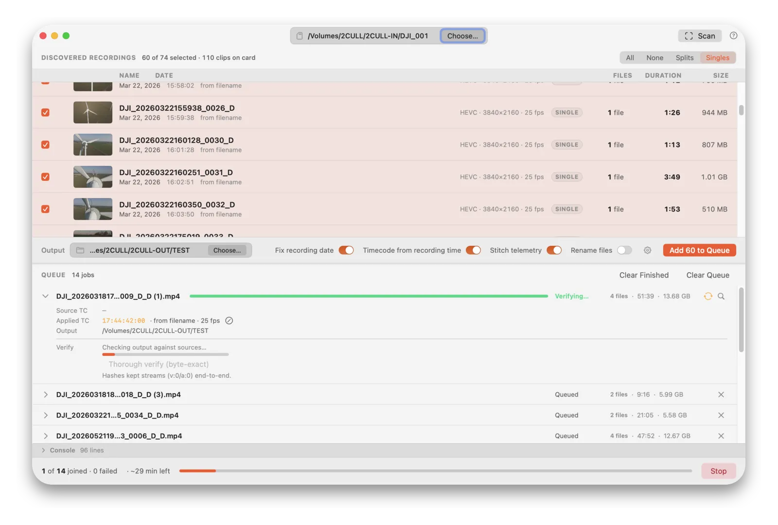 Conjoyn queue processing recordings with per-job progress and verification status